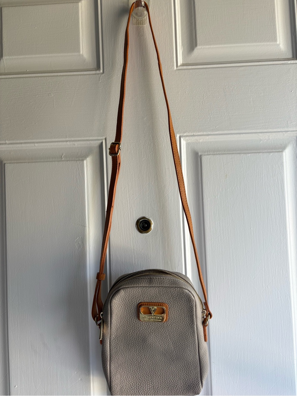 Valentina Gray Crossbody Bag with Tan Strap